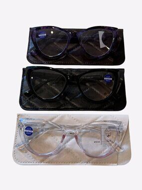 Lot of 3 New Prescription +2.0 Women’s Cat Eye Eyeglasses Blue Light w/ Sleeves
